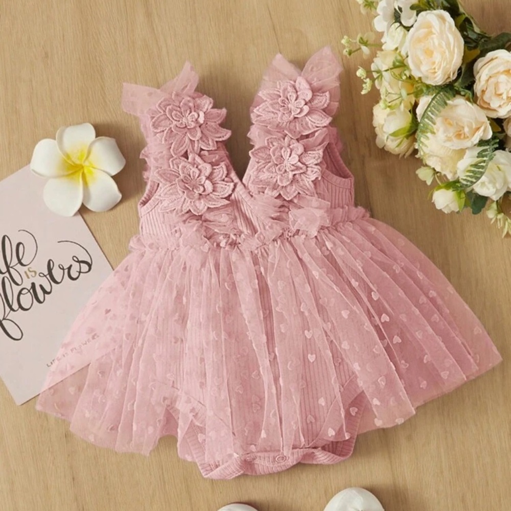 Baby Girl Flower Appliques Contrast Mesh Overlay Bodysuit Dress size 9-12 months